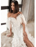 Ivory 3D Flowers Lace Tulle Slit Fairy Wedding Dress